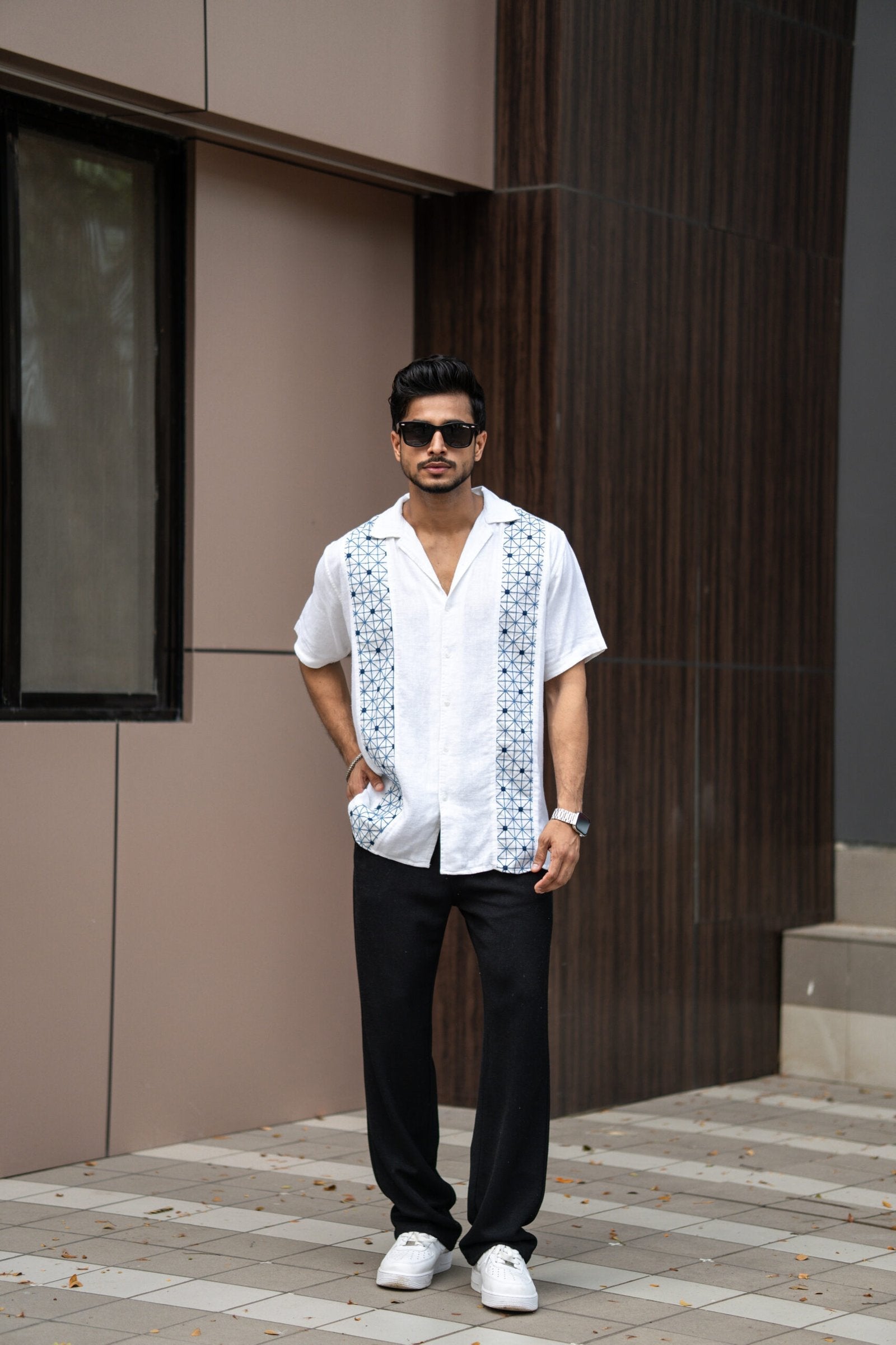WHITE PANEL EMBRODIERY HALF SLEEVES SHIRT image 0